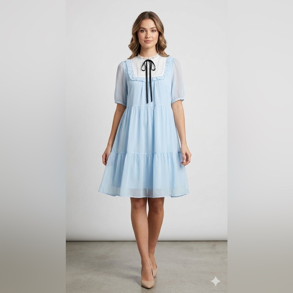 Coquette Baby Blue Tiered Mini Dress | Vintage Style Lace Bib & Bow